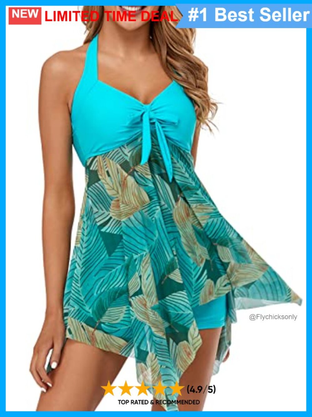 Tankini Swimdress with Boyshorts V Neck Bowknot Halter